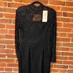 Black vintage Stenay beaded dress‎ with long sleeves and zipper back